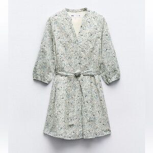 Zara Belted Floral Print Dress - White and Blue